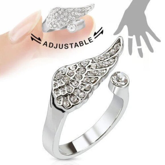 ADJUSTABLE RHODIUM PLATED BRASS ANGEL WING MID-RING/TOE RING WITH CZS - Picture 1 of 1